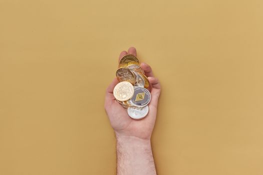 Grafiek met bitcoin- en altcoinkoersen op een laptop, met de skyline van Rotterdam op de achtergrond
